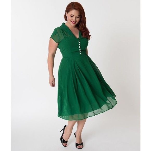 Unique Vintage Green Chiffon Cap Sleeve Paige Dress - Picture 2 of 6